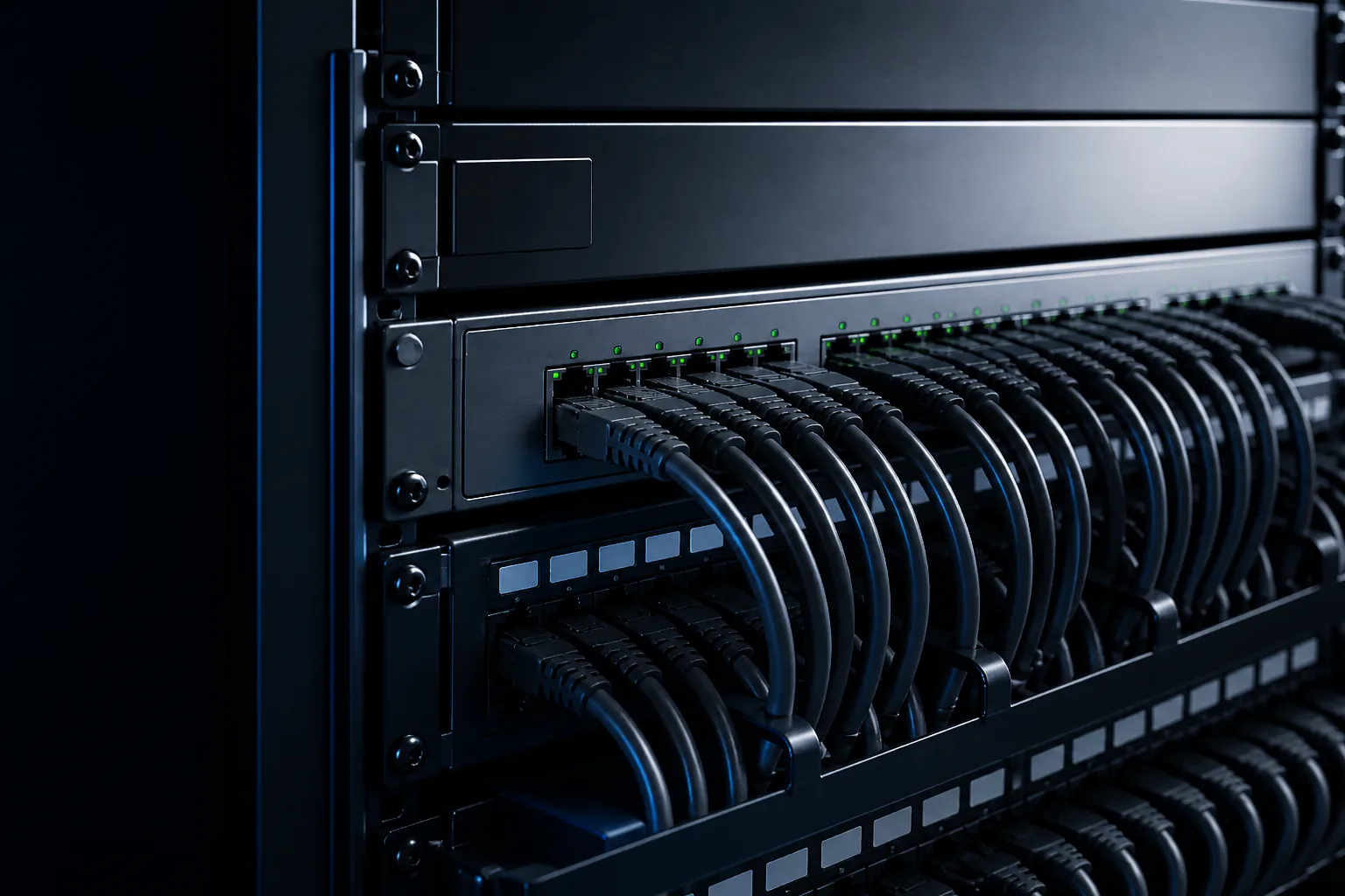 Ungebrandete Netzwerk-Switches mit geordneten Ethernet-Kabeln in einem dunklen Rack.