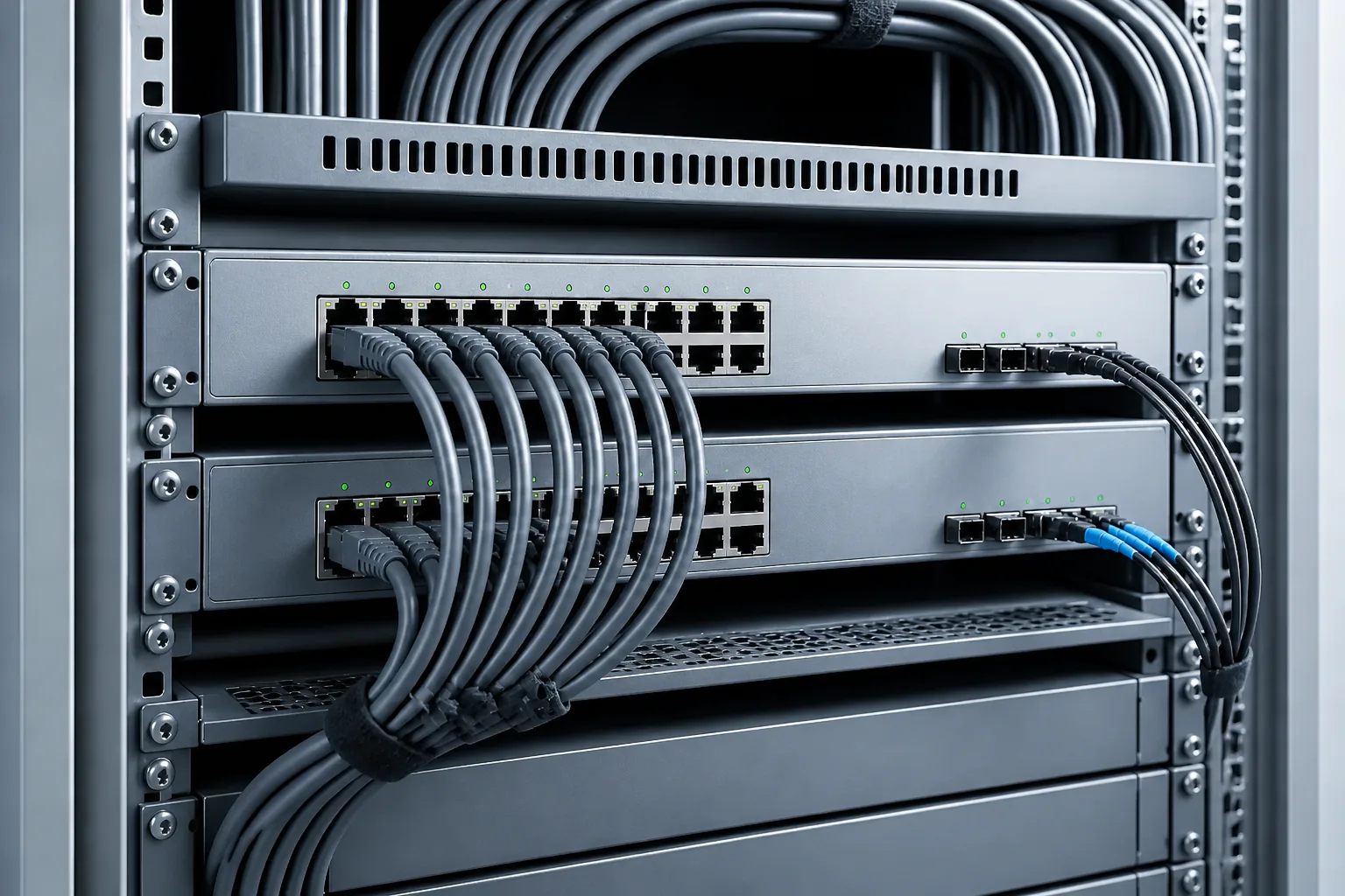 Zwei ungebrandete Netzwerk-Switches mit geordneter Verkabelung.